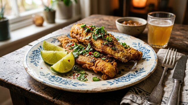 An appetizing Bombay Duck dish served on a vintage plate with lime wedges and fresh herbs, rustic textures and rich color, warm natural light, flavorful culinary atmosphere, ultra-realistic, no logos.