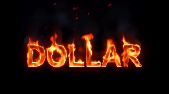 Burning text dollar with intense orange flames and sparks against a dark black background