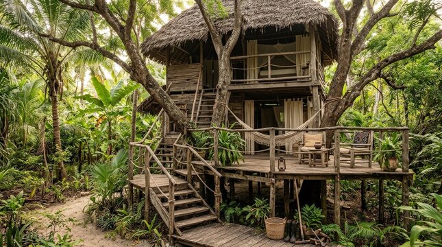 A rustic tree house in Paje near Jozani, surrounded by tropical greenery, weathered wood, coastal island charm, soft warm daylight, relaxed exotic atmosphere, ultra-realistic, no logos.
