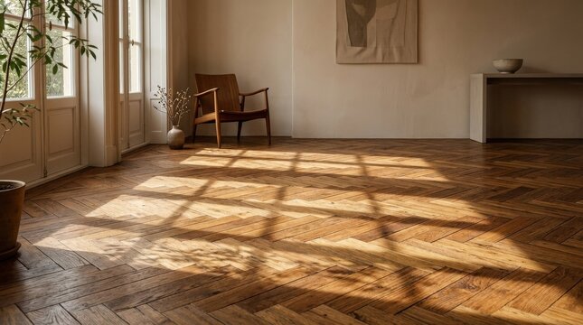 Sunlight and shadows moving across a parquet floor, warm wood grain, geometric patterns and quiet interior minimalism, soft changing light and meditative atmosphere, ultra-realistic, no logos.
