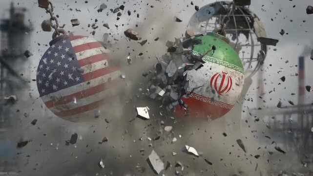 Two wrecking balls with flags of USA and Iran colliding and shattering into pieces. Geopolitical conflict and destruction concept.