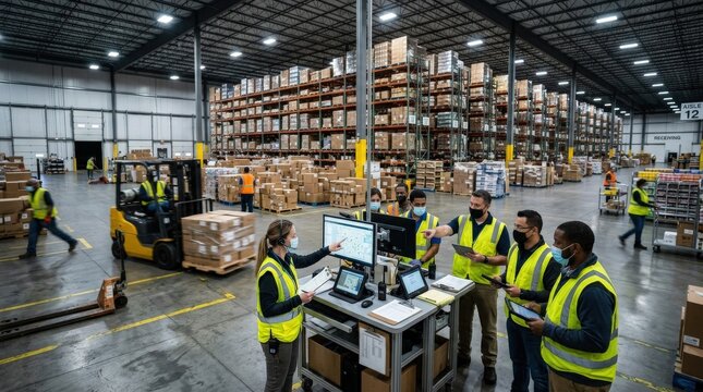 A wide-angle view of a logistics team in a large industrial warehouse, slightly blurred background of shelving units filled with merchandise, workers coordinating distribution tasks, cool overhead