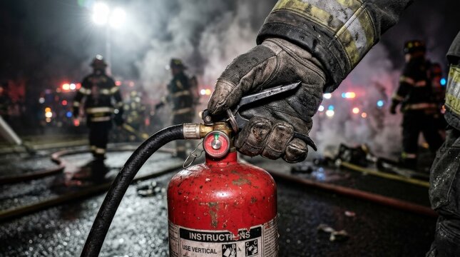 A firefighter&rsquo;s hand gripping a fire extinguisher in close-up, textured glove, safety equipment detail and emergency readiness, bright directional light and a decisive action-oriented atmosphere,