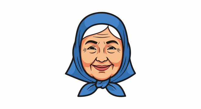 Cheerful elderly woman with white hair wearing a blue headscarf and smiling