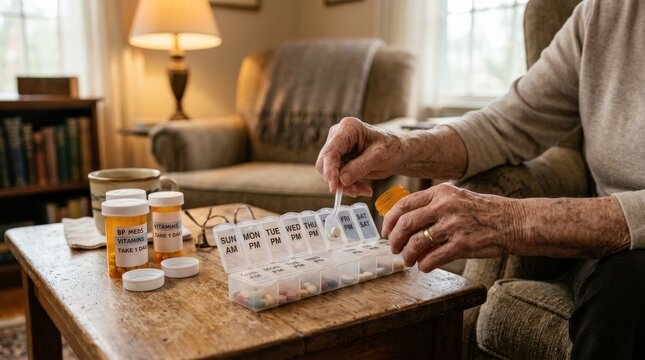 An elderly person's hands organizing a weekly pill organizer at home, prescription bottles nearby on a wooden side table, warm household ambient lighting, careful and methodical medication management