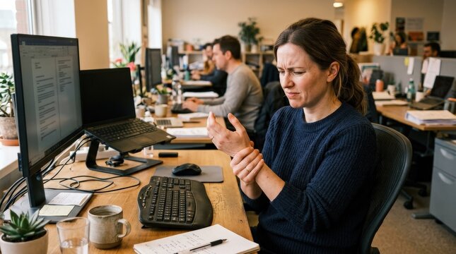 A woman at an office desk holding her wrist with a pained expression, keyboard in front of her, subtle tension and discomfort from repetitive typing, warm ambient office lighting, relatable carpal