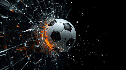 Fototapeta premium 3D Render of a Soccer Ball Breaking Glass with Fire and Water Splash