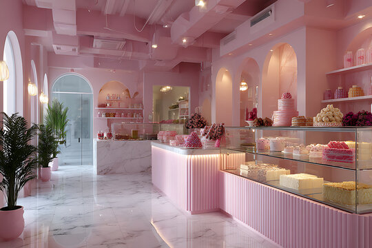 A beautifully decorated pink bakery with a glass display case full of sweet treats and desserts
