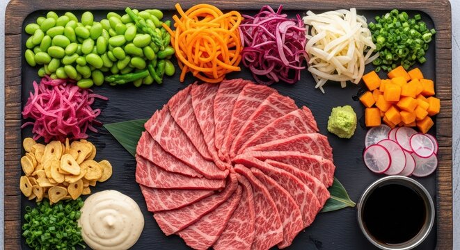 Assortment of fresh vegetables, cured meats, cheese, and condiments arranged on dark slate board
