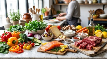 Obraz premium A colorful arrangement of fresh ingredients including meat, fish, cheese and vegetables on a bright background, rich textures and lively contrast for meal preparation, crisp editorial light and a