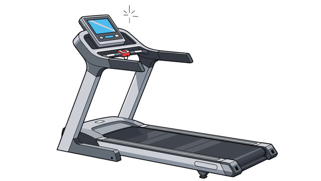 Professional treadmill machine with digital console and heart rate monitor for cardio workouts isolated on a solid white background.