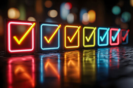 Vibrant neon illuminated check mark icons in colorful squares reflecting on a glossy dark surface symbolizing completion and confirmation concepts in a row