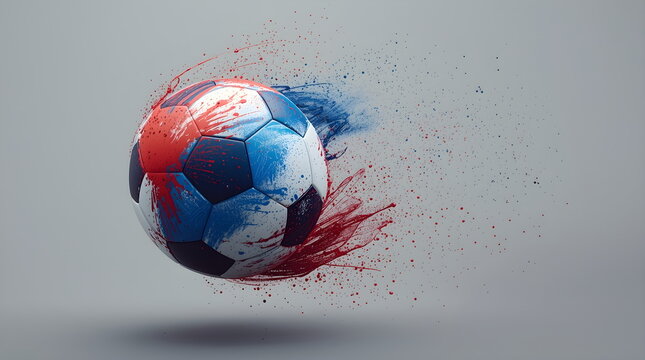 Dynamic 3D Render of a Flying Football Dissolving into Colorful Liquid Drops