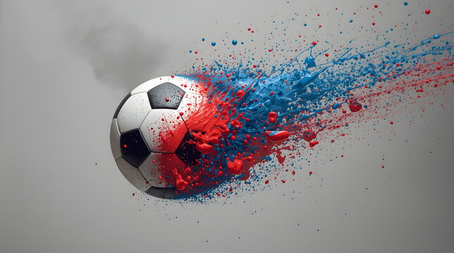 3D High-Speed Soccer Ball Shattering into Red and Blue Paint Splatter