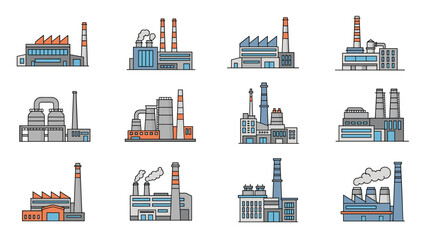 Obraz premium Various industrial factory building icons showing different manufacturing plants with smoking chimneys for urban development and industry.