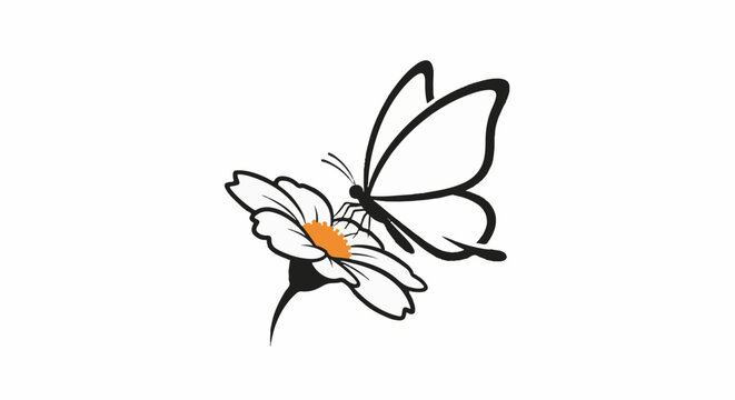 Minimalist outline of butterfly on a daisy with orange center