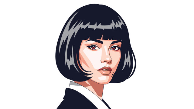 Close up portrait of a stylish woman with a dark black bob haircut and bangs in a minimalist vector art style with clean sharp lines.