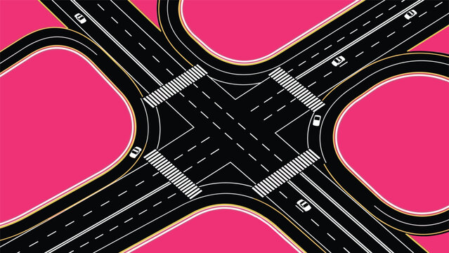 Birds eye view of a complex multi level highway interchange with cars driving on a vibrant pink background for high contrast visual.