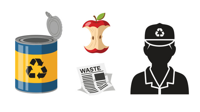 Waste management and recycling icons featuring a blue recycling bin, an apple core, a newspaper, and a sanitation worker silhouette.