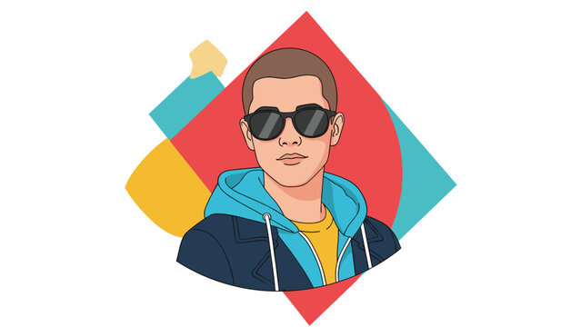 Portrait of a young man with a buzz cut wearing a blue hoodie and sunglasses in front of a colorful geometric abstract background.