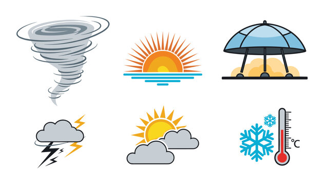 Weather condition icons showing different natural phenomena like a tornado, sunrise, heatwave, storm, clouds, and cold temperature.