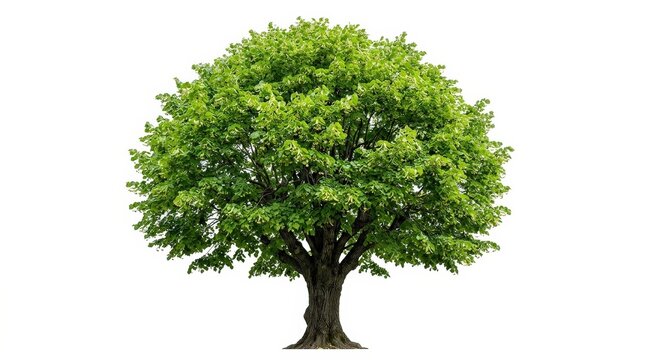 A linden tree in summer isolated on white background, full leafy crown, textured trunk and vibrant midsummer freshness, ultra-realistic, no logos.
