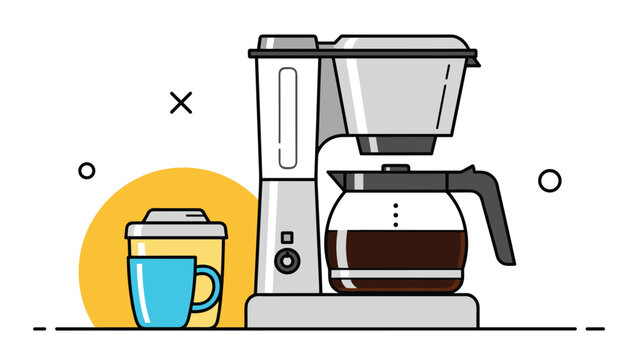 Modern automatic drip coffee maker brewing dark coffee into a glass carafe shown with a blue cup and travel mug on yellow background.