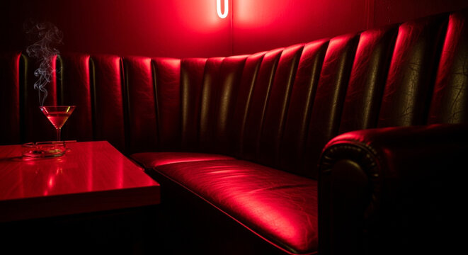 Empty red-lit leather booth in moody bar or nightclub interior at night