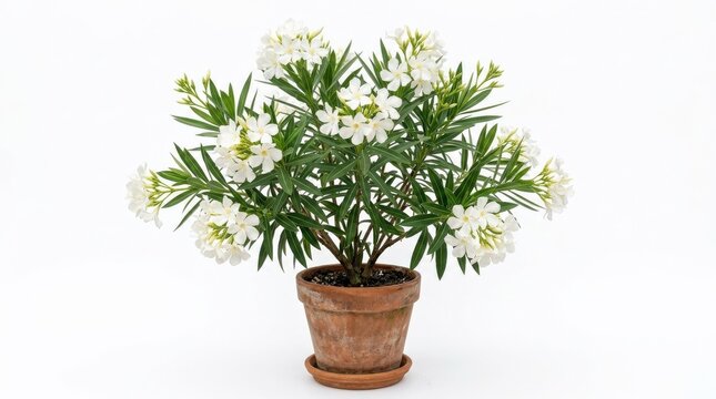 A blooming Nerium oleander with delicate white blossoms in a clay pot, isolated on white background, Mediterranean elegance and soft botanical detail, ultra-realistic, no logos.