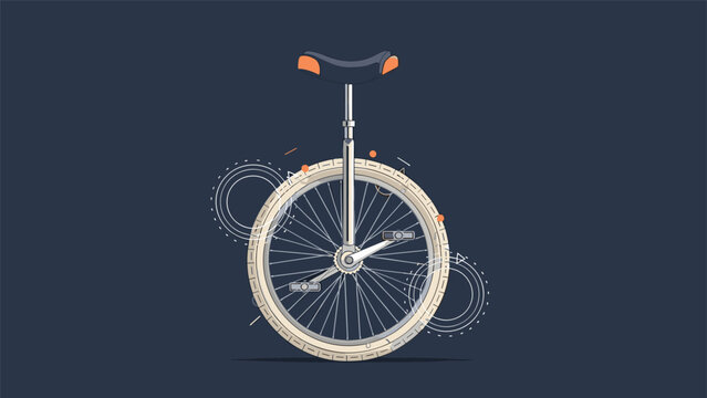 Detailed illustration of a classic unicycle with a black seat and white tire shown against a dark blue background with abstract circles.