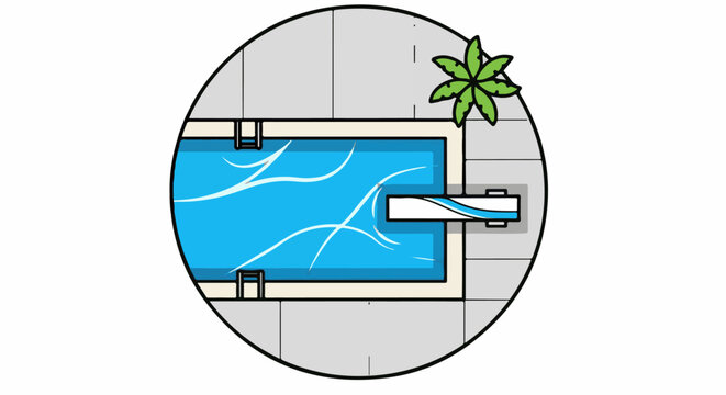 Aerial view of a blue swimming pool with a diving board and a palm tree