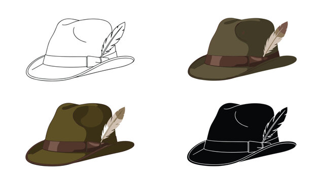Set of fedora hats with feathers in four different styles including outline, colored, and solid black silhouette.