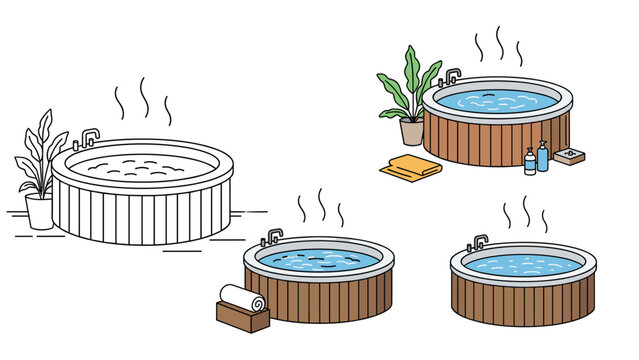 Set of hot tubs or jacuzzis with steaming water and indoor plants in various illustrative styles and clean layouts.