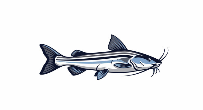 Stylized illustration of a blue and grey striped catfish with long barbels