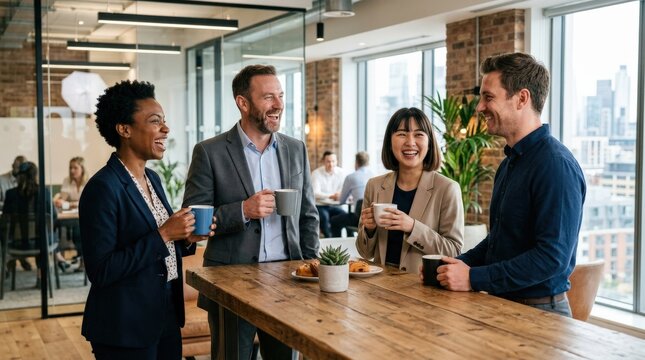 Happy businesspeople taking a coffee break at work, relaxed smiles, mugs in hand, modern office setting, friendly professional atmosphere, ultra-realistic, no logos.
