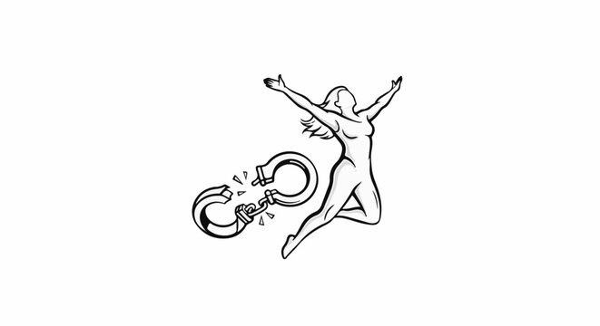 Woman breaking free from chains, leaping joyfully