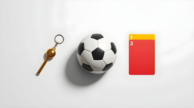 Flat Lay 3D Render of Football Equipment with Red and Yellow Penalty Cards