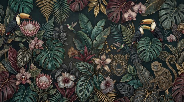 Lush tropical jungle pattern with exotic flora and fauna. Dark vintage wallpaper design featuring toucans, monkeys, leopard, and a variety of vibrant botanical leaves and flowers.