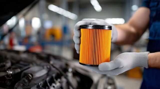 Hands-on automotive maintenance scene showing gloved hands gripping an orange oil filter, diesel engine background slightly blurred, tools and workbench faintly visible, vibrant fi