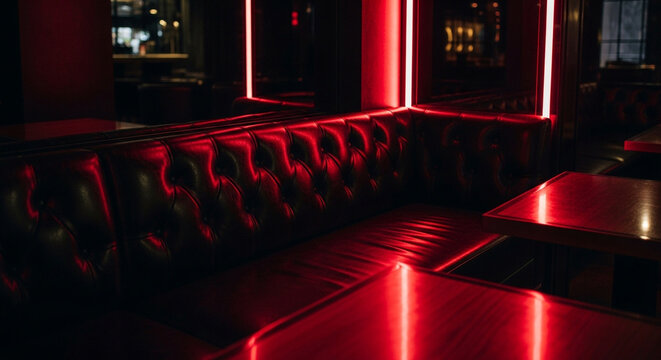 Modern lounge booth with red neon lighting in dimly lit bar or restaurant interior