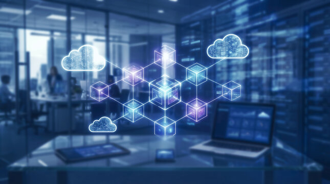 Digital network and blockchain concept overlaid on office workspace with blue and purple glowing nodes