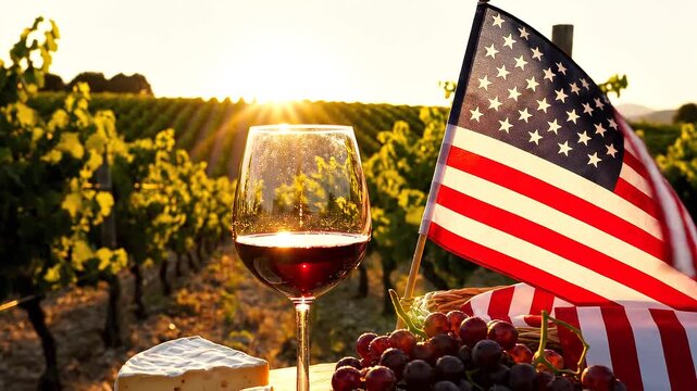 At sunset, vineyard rows stretch into horizon, glass of red wine, cheese, grapes, and American flag foregrounded, symbolizing culture, craftsmanship, and serene countryside celebration.