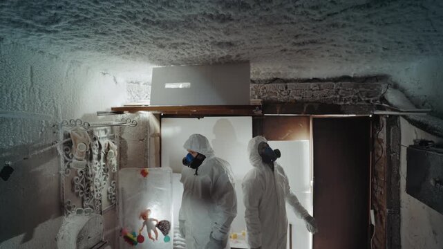Scientists examine container. Researchers carefully assess enclosed sample container. Researchers diligently inspect enclosed sample canister surrounded by dust and signs of deterioration