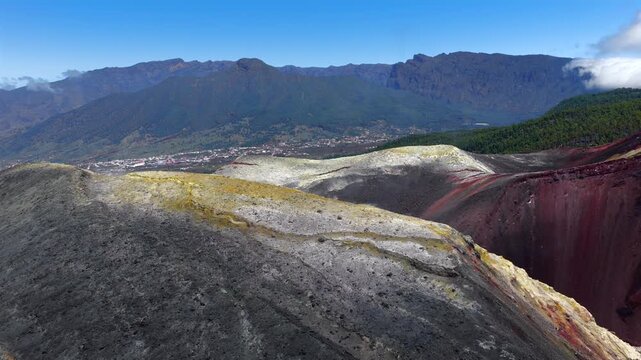 Volcanic Gas Emissions and Off-gassing at Tajogaite Crater Summit; La Palma Canary Islands Volcano Aerial View; Sulfur Dioxide Fumaroles and Geothermal Activity