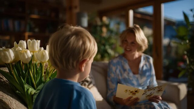Intimate living room scene of a child tiptoeing toward a mom on a sofa, tulips and handmade card concealed behind their back, mom&rsquo;s face lit with surprise and delight, warm natural