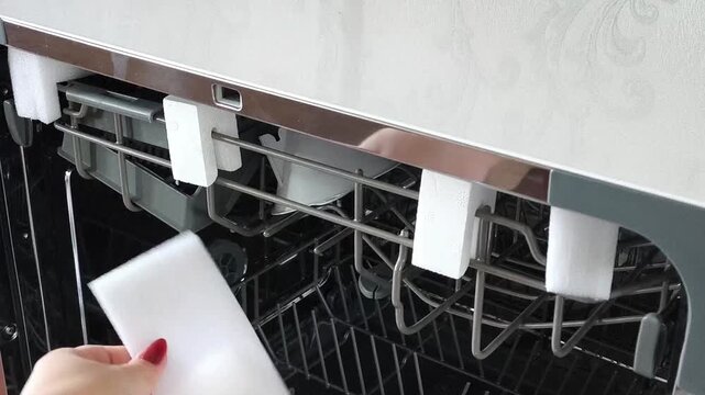 Hand placing item into dishwasher rack. Everyday kitchen routine of loading dishes into modern appliance.