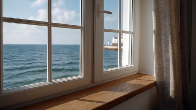 A peaceful morning view overlooking the calm ocean and distant coastline through a sunlit window
