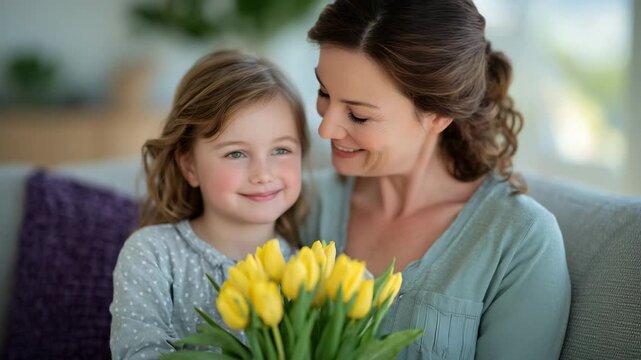 Low-angle perspective of a little girl presenting tulips to her mother, mother bending slightly to accept the flowers with happiness, bright living room filled with natural dayligh