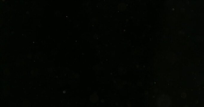 Super slow motion (1000 fps) floating dust particles in the air, isolated on black background. Cinematic atmospheric shot with soft light, depth and abstract texture.