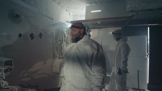 Researcher in protective suit retrieves hanging artifact inside frozen shelter bearded man with headlamp inspects corroded hook and cord, careful glove handling of stained specimen, dim chamber light